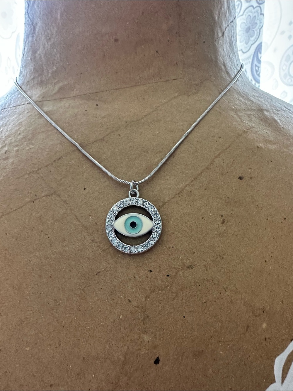 Silver Evil Eye Pendant Necklace with Blue Center and Crystal Halo